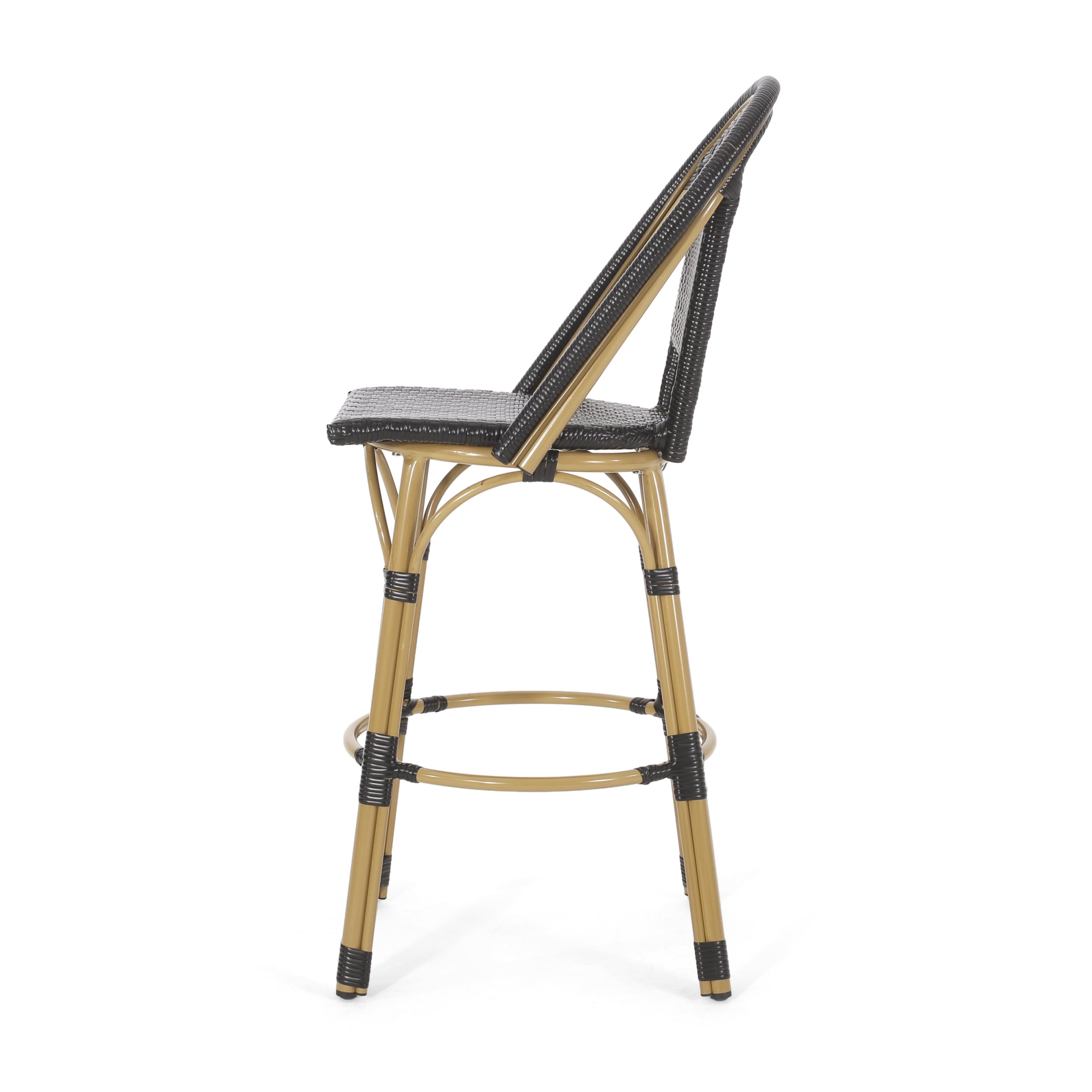 Cortina Wicker and Aluminum Outdoor 29.5 Inch Barstools, Set of 2, Black and Bamboo Finish