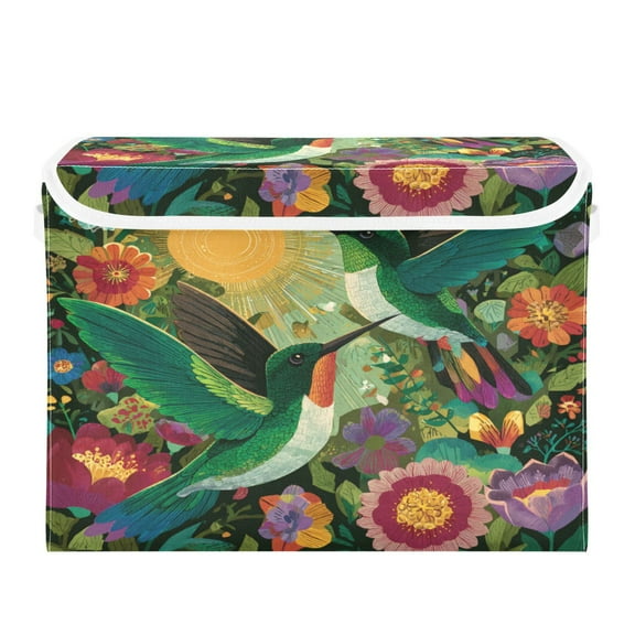 Large Collapsible Storage Box Flip Lid Fabric Decorative Organizer Container Basket with Handles 16.5×12.6×11.8in Two Affectionate Green Hummingbirds