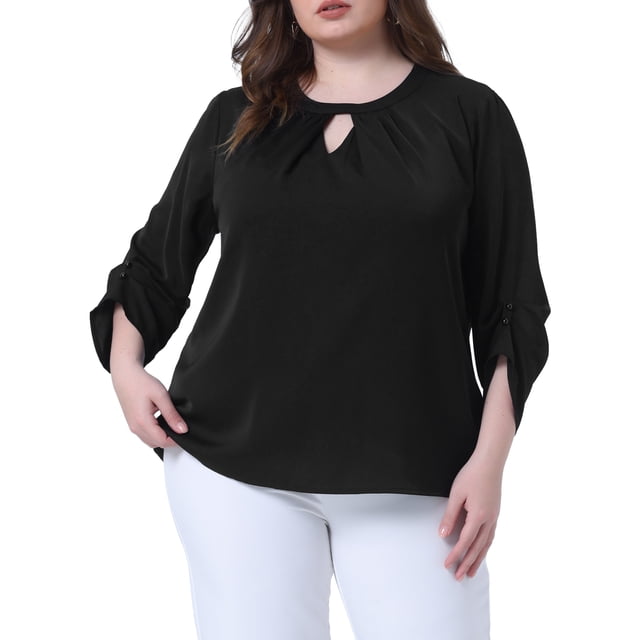 Blusas plisadas de trabajo para mujeres de tallas grandes GRACE & GRANDEUR, con cuello redondo y abertura, mangas 3/4, talla 1X, color negro