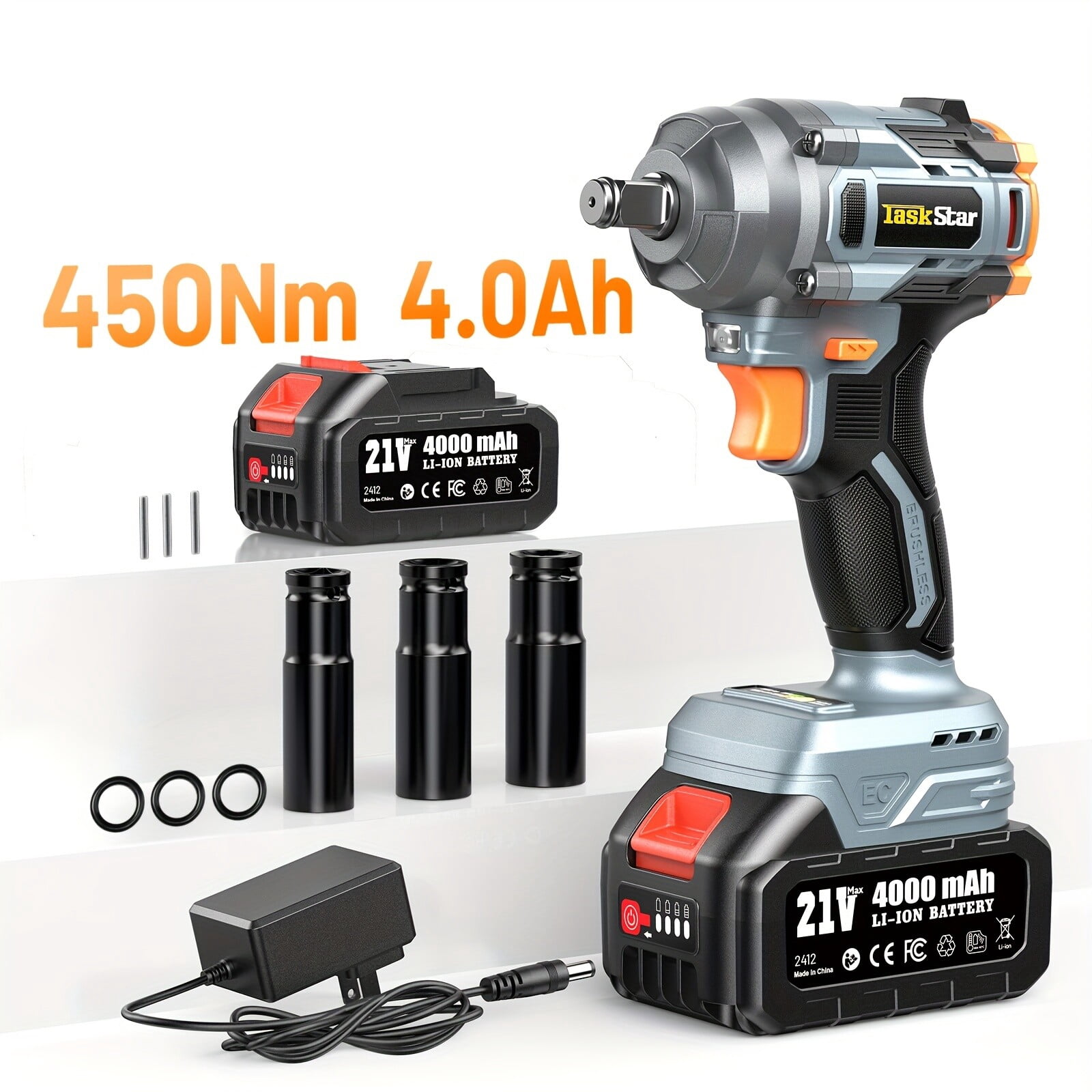 TaskStar 450nm Electric 1/2" Cordless Impact  Wrench Brushless 2800RPM 4000mah