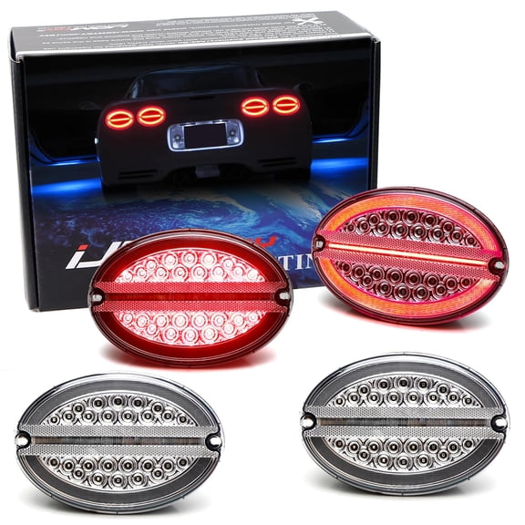 4pc Set White/Clear Lens w/Chrome Reflex Full LED Halo Vette Tail Lamp Assemblies w/Hyper Flash Bypass Harness, For Chevrolet 1997-2004 C5 Corvette
