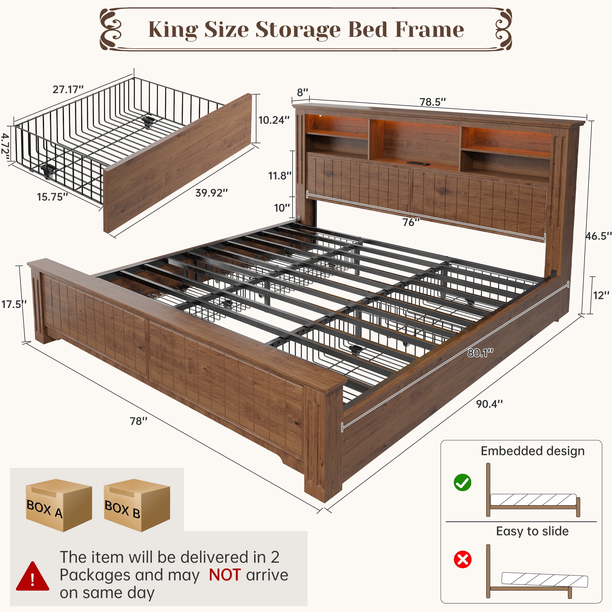 EnHomee King Size Bed Frame with 4 Storage Drawers Platform Bed Frame metal with Headboard and Storage Framhouse Bed Frame with LED Lights & Charge Station, Brown