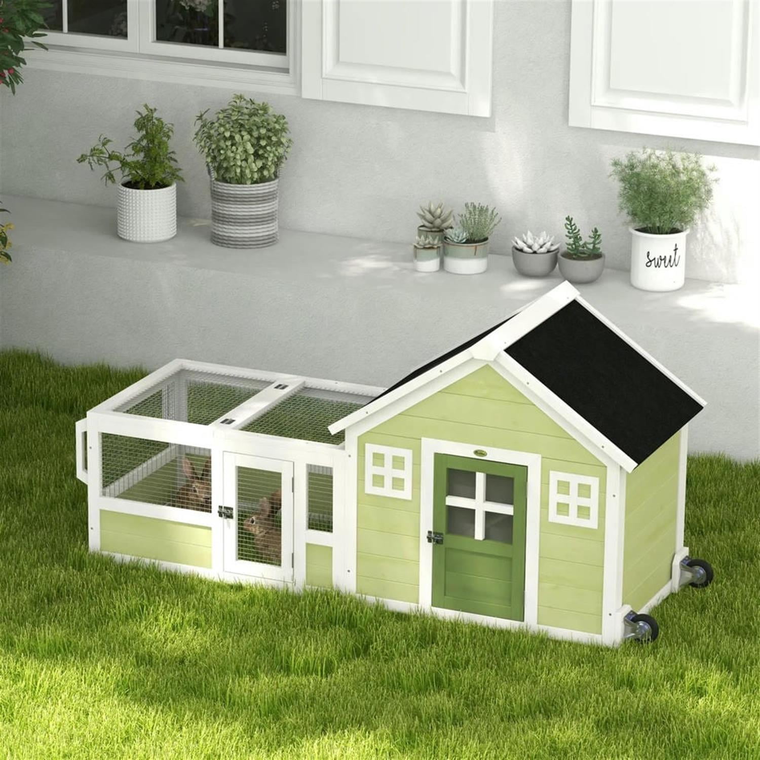 Kadyn 64" Wooden Rabbit Hutch with Wheels and Asphalt Roof, Outdoor Small Animal Habitat Chicken Coop Bunny Cage for Bunnies, Guinea Pigs, Green