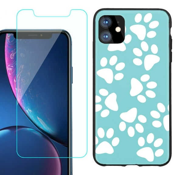 For Apple iPhone 11 Phone Case , Slim-Fit TPU Protective Case (Black), with Tempered Glass Screen Protector, by OneToughShield ® - Pet Paw / Teal
