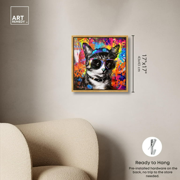 Stylish Graffiti Cat Canvas Graffiti Art by Art Remedy, Gold Frame