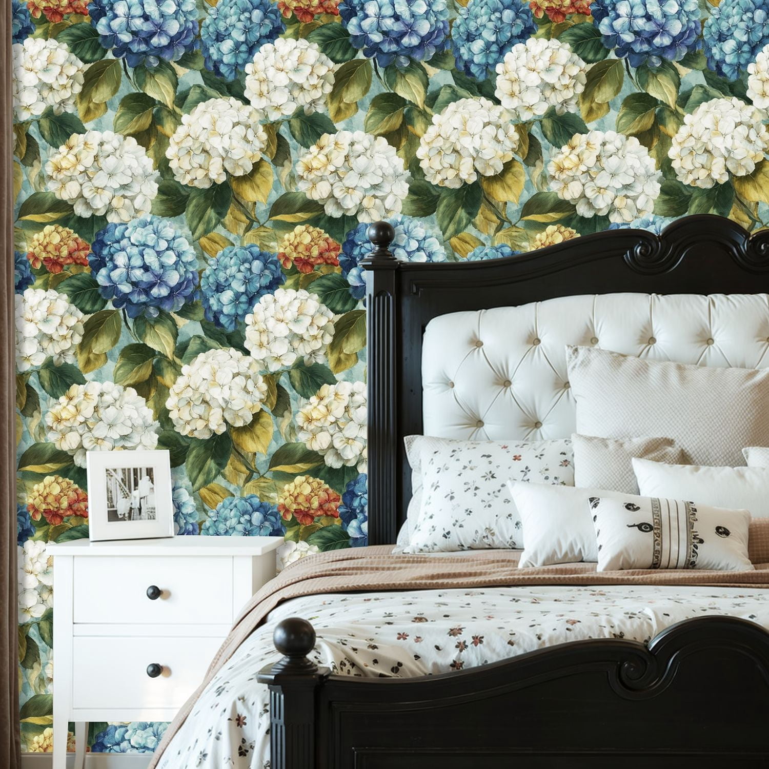 Peel and Stick Wallpaper Vibrant Hydrangea Floral Blue White Yellow Blooms Wall Mural 23.6in x 9.8ft Self Adhesive Removable Wall Paper Renter Friendly Wallpaper for Nursery Bedroom Cabinets