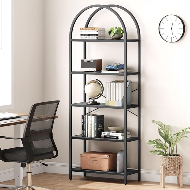 Ourlova FiveTier Arched Display Rack 71 Inch IndustrialStyle Freestanding Bookshelf Metal Frame High Storage Cabinet for Bedrooms Living Rooms Offices and Environments Black