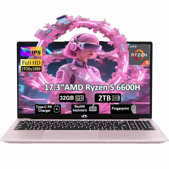 17.3" IPS FHD-Gaming-Laptop, 32GB DDR5 RAM 2TB SSD AMD Ryzen 5 6600H 6 Cores (Beat i7-1165G7, Up to 4.5GHz) Radeon 660M GPU-Computer with 100W Type-C Backlit Keyboard Fingerprint