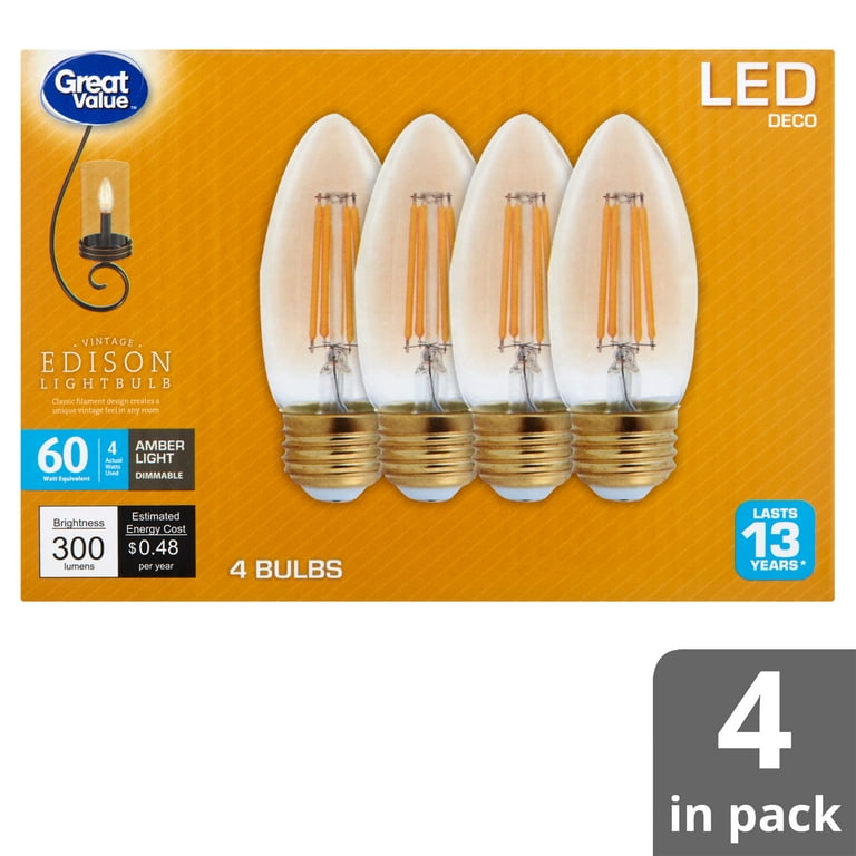 Great Value 4W Decorative LED Vintage Candelabra Light Bulb, 60W Equiv  Amber Light E26 Base, 4 Count 