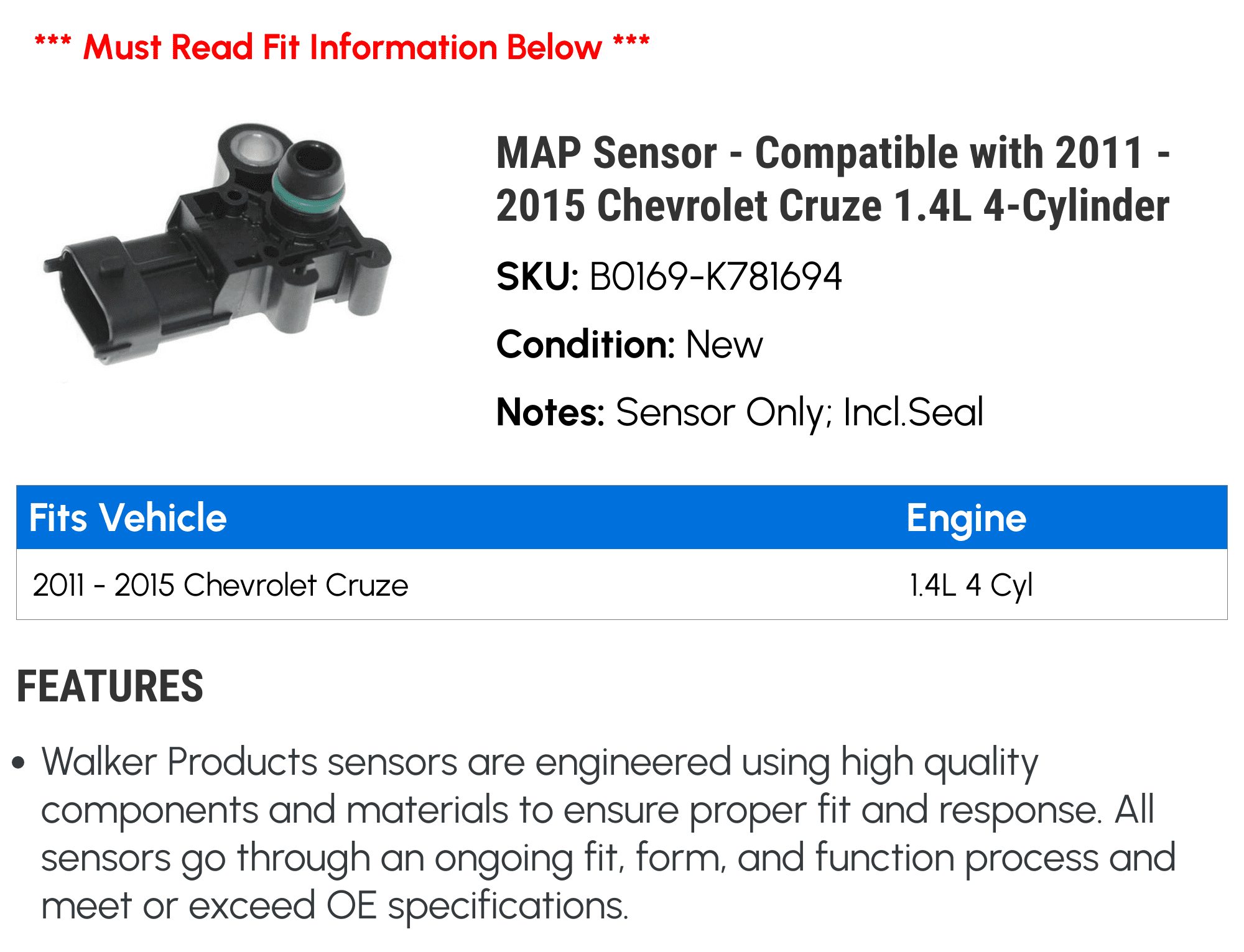 MAP Sensor - Compatible with 2011 - 2015 Chevy Cruze 1.4L 4-Cylinder 2012 2013 2014