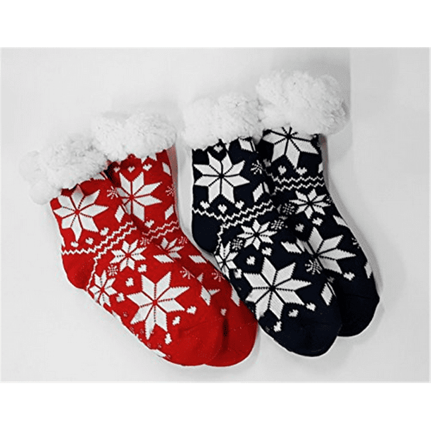Stocking Stuffer Winter Socks with Grippers Twin Pack Navy and Red Snowflake