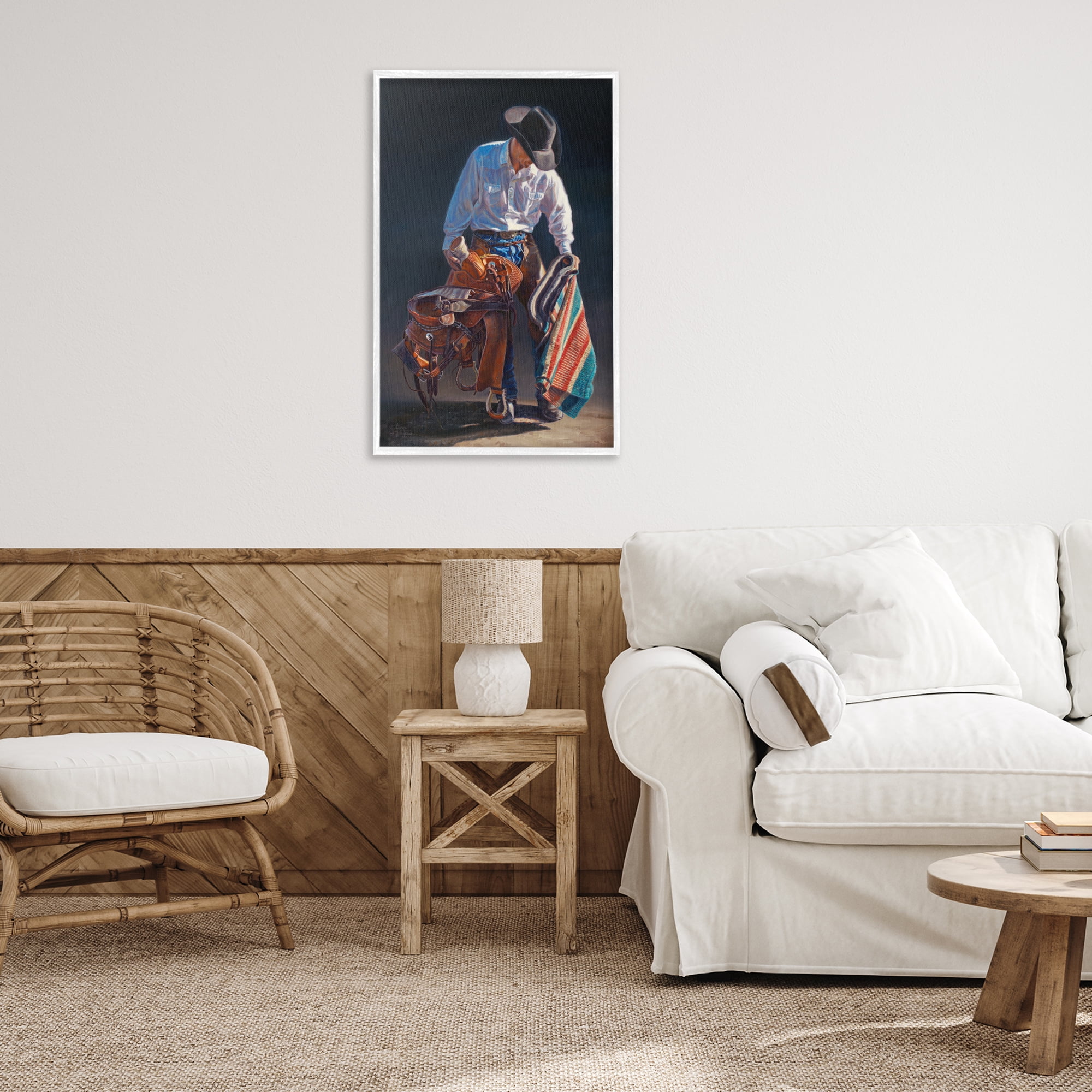 Stupell Industries Stoic Cowboy & Saddle Novelty Painting White Framed Art Print Wall Art, 20 x 30