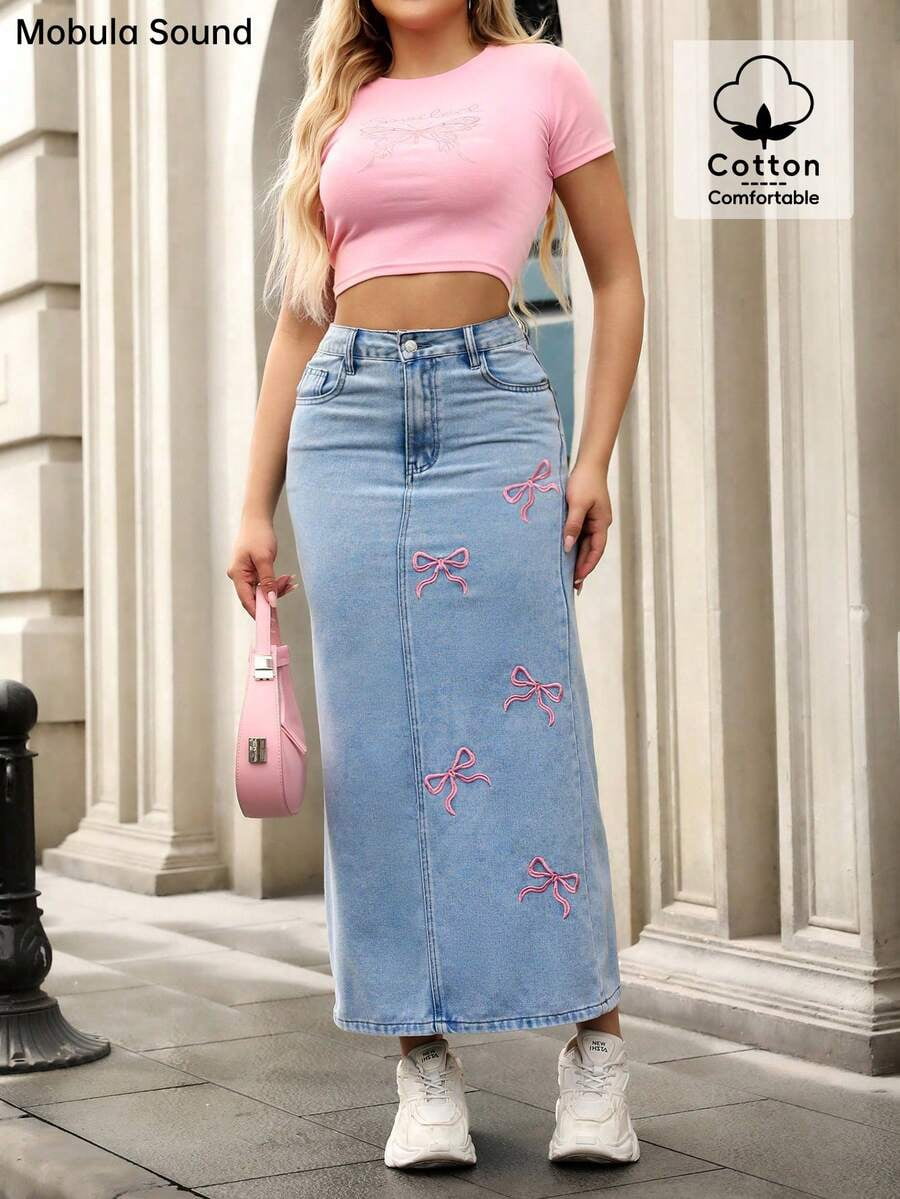 Blue Bow Embroidered Denim Midi Skirt Straight Fit Casual
