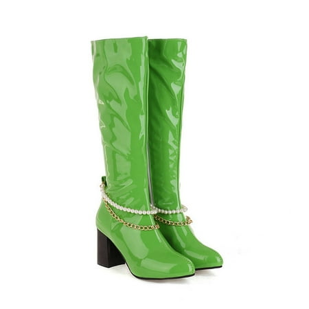 

Yoslce Tall Boots For Women Shoes High Heel Casual Winter Fashion Glossy Pearl Chain