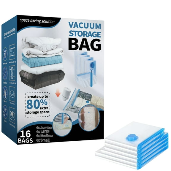 16 Pack Vacuum Storage Bags, Space Saver Bags (4Jumbo/4Large/4Medium/4Small) Compression Storage Bags for Comforters and Blankets, Vacuum Sealer Bags for Clothes Storage, Hand Pump Included