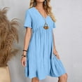 thumbnail image 4 of Summer Dresses for Women 2025, Womens Spring And Summer V-Neck Loose Solid Pleated Casual High Waist Lace Dress(Light Blue,L), 4 of 9