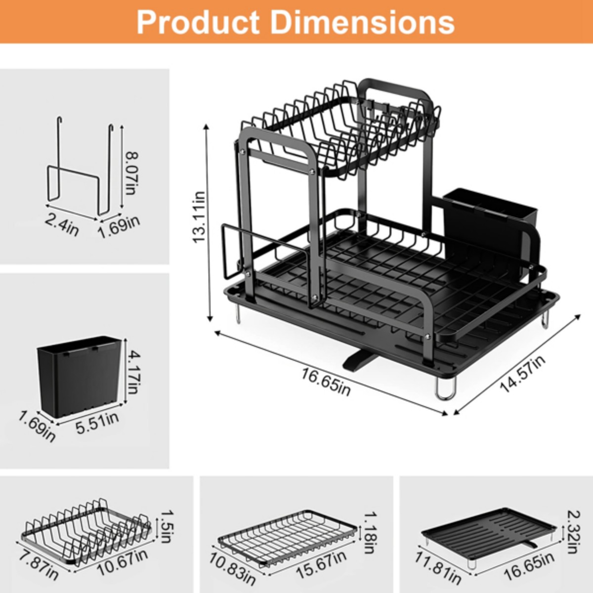 2 Tiers 16.65x14.57x13.11in Dish Drying Rack for Kitchen Dish Rack with Drainboard Detachable Kitchen Drainer Organizer Set with Utensil Holder Bowl Rack Dish Rack