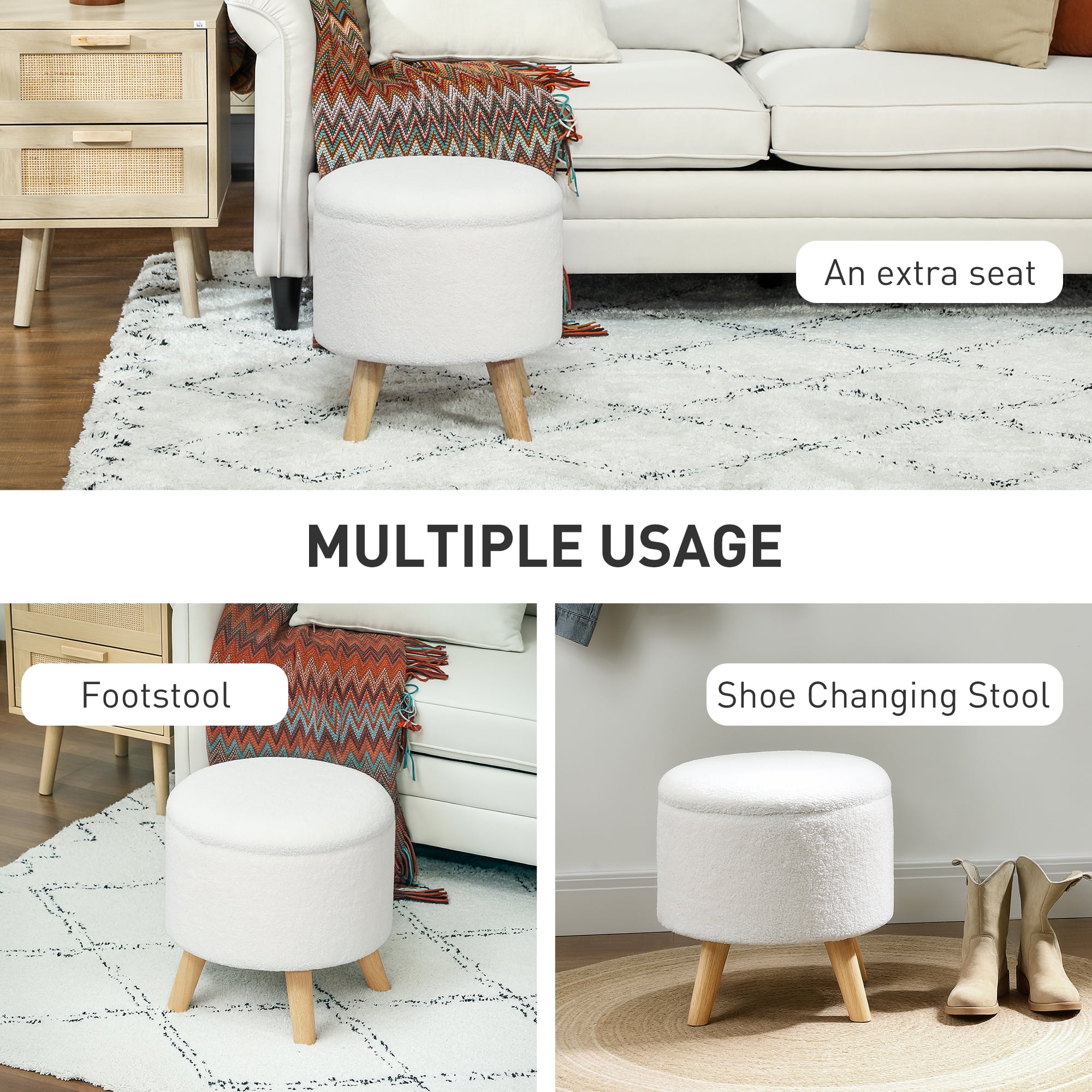 HOMCOM Storage Ottoman, Round Footstool with Linen Feel Fabric Upholstery, Removable Top, Hidden Space and Wood Legs for Living Room, White