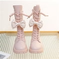thumbnail image 4 of Girls Mid Calf Boots Bow Decor Lace Up Side Zipper Faux Leather Boots Winter Fashion Lug Sole Non-Slip Shoes Pink 13.5 Little Kids, 4 of 7