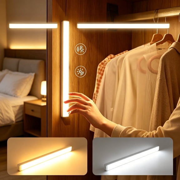 Sycees 3 Pack 7.87in Motion Sensor Under Cabinet Light, USB Rechargeable Magnetic LED Closet Light, Dual Color Dimmable Lamp for Wardrobe Desk Stairs