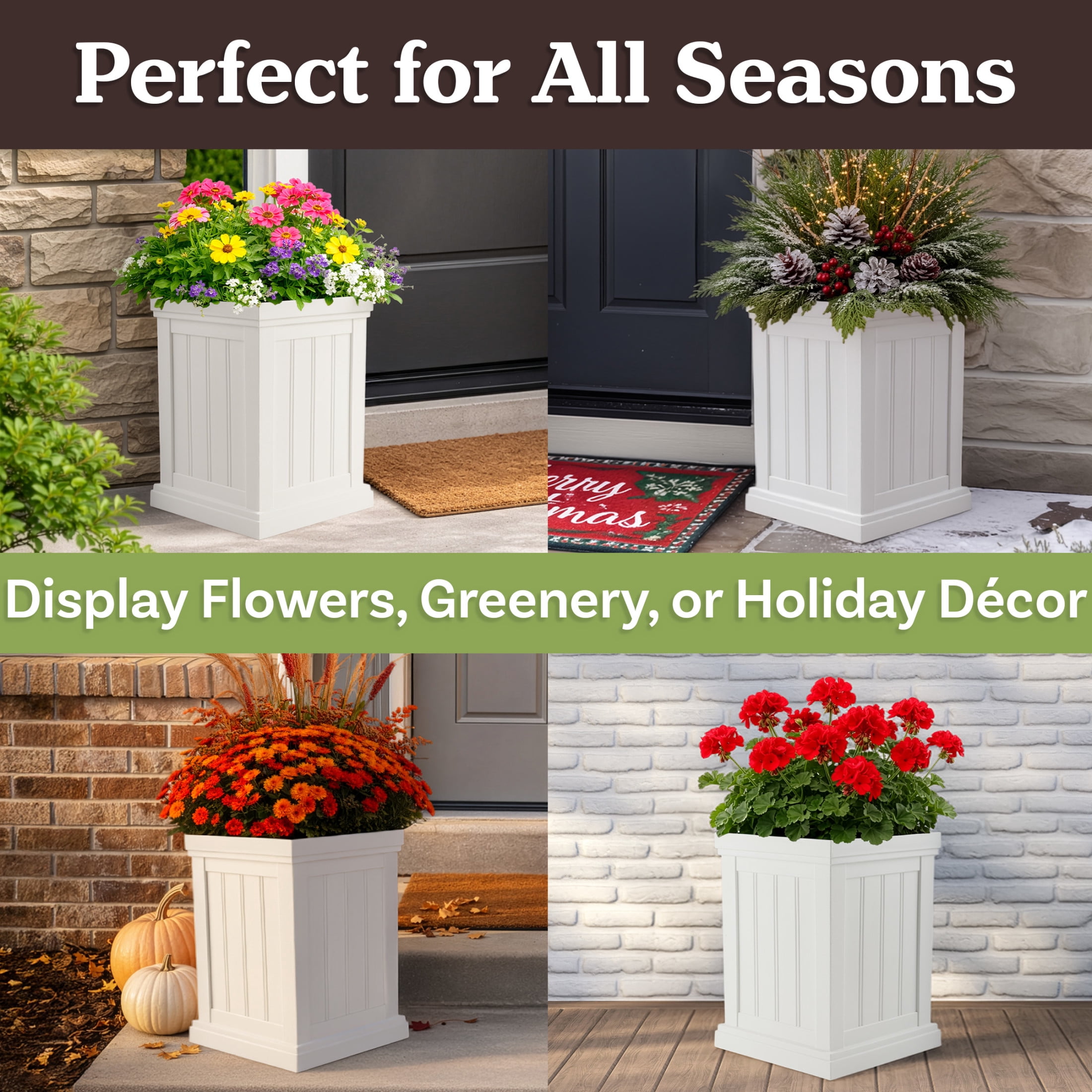 Pure Garden Outdoor Planter Box - 13.7” Square 19” Tall Plastic Plant Pot with Drainage Holes, White