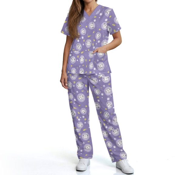 Kuiaobaty Cute Teeth Print Scrubs for Women Set Stretch Dentist Uniforms with 6 Pockets Comfort Medical Uniforms for Dental Staff, Purple