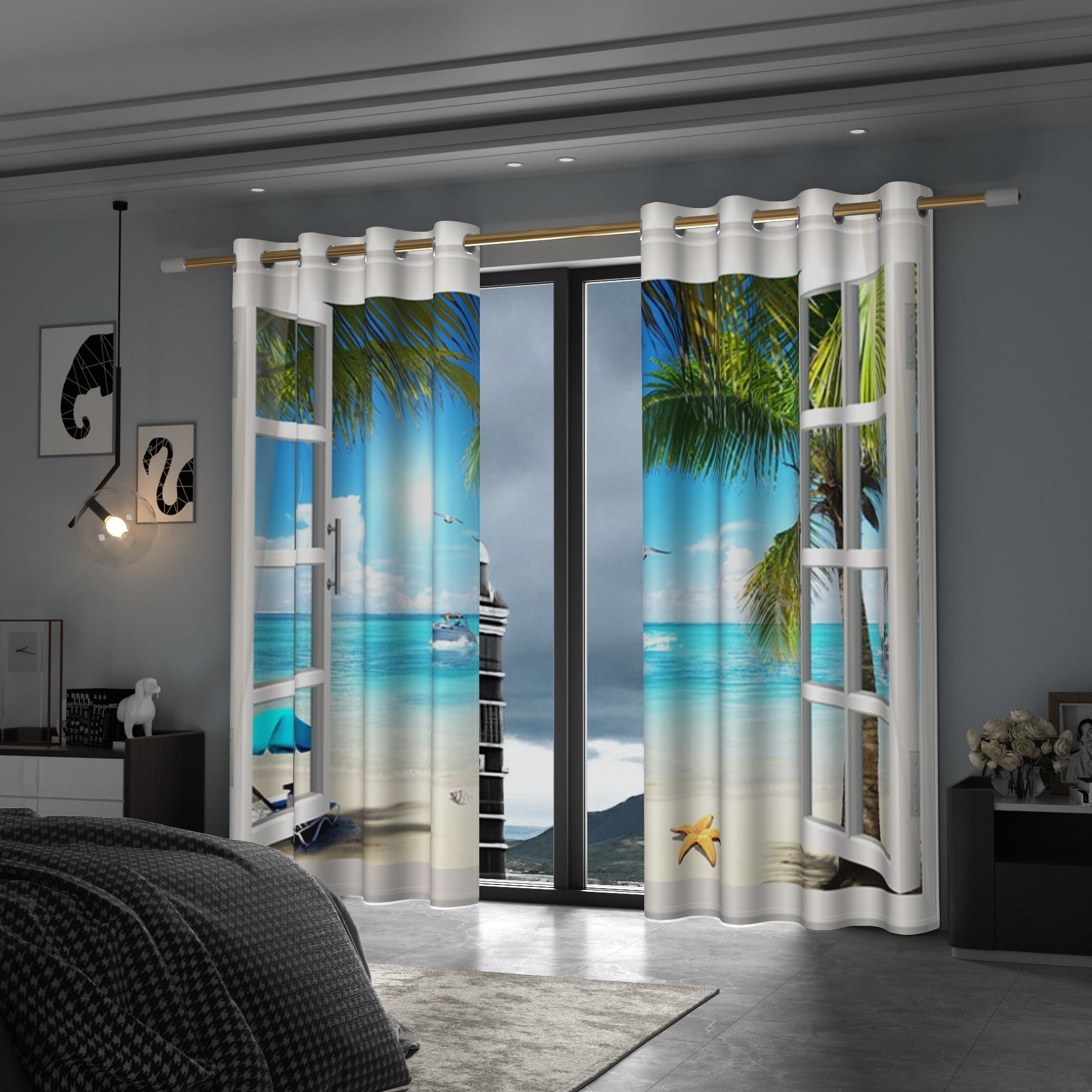 Summer Beach Blackout Curtains, Sea Waves Shell Starfish, Room Darkening Grommet Curtains, White Window View, 52"x96", 2 Panel