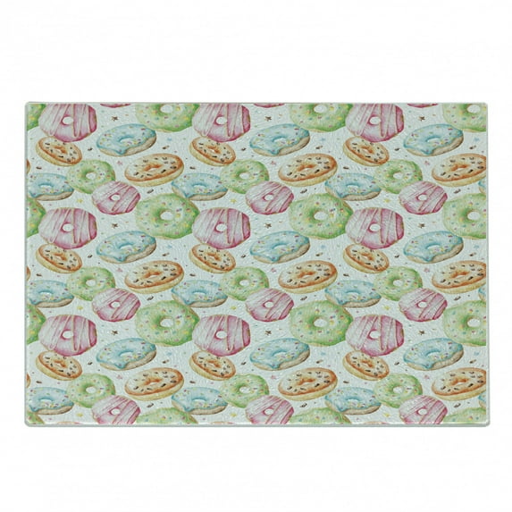 Colorful Cutting Board, Delicious Watercolor Pattern with Doughnuts Hand Drawn Yummy Tasty Pastries Bakery, Decorative Tempered Glass Cutting and Serving Board, Small Size, Multicolor, by Ambesonne