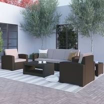 BizChair 5 Piece Outdoor Faux Rattan Chair, Sofa and Table Set in Chocolate Brown