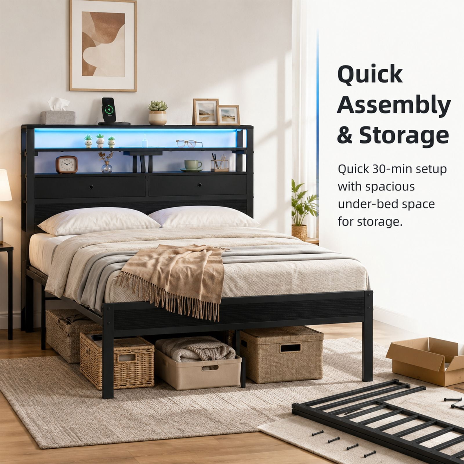 Alvantor Bed Frame with Storage Headboard, Sturdy Metal Platform Bed Frame with LED Lights and Charging Station, Easy Assembly, No Box Spring Needed, Noise Free
