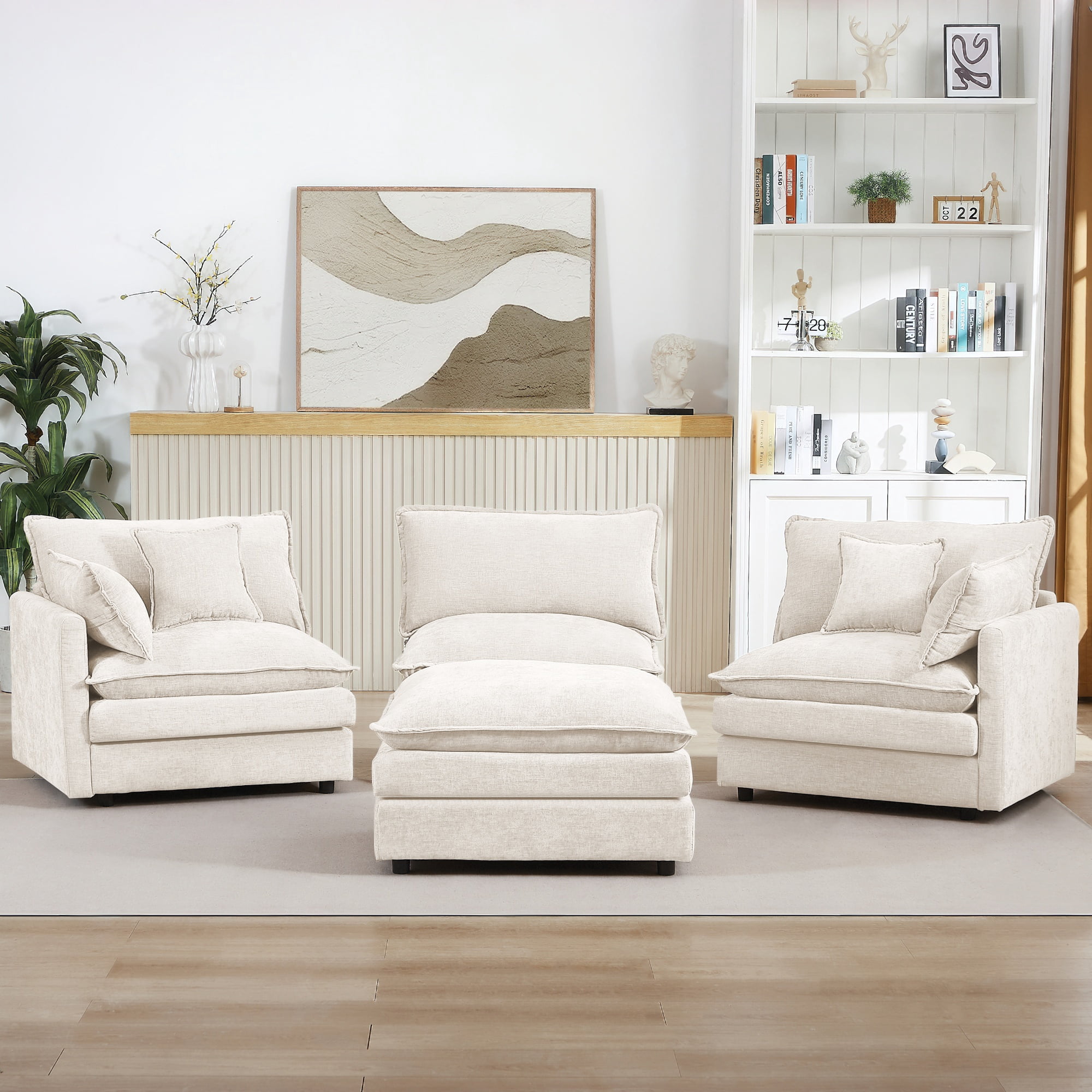 BINBANK Sectional Modular Sofa L Shaped Chenille Fabric Couch with High Supportive & Soft Sponges and Removable Ottoman, Sleeper Comfy Upholstered Furniture for Living Room,3-Seater,Beige