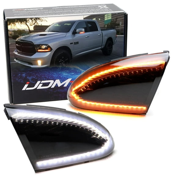 Black-Out Smoked Lens White/Amber Switchback LED Strip Dynamic Sequential Blink Under Side Mirror Turn Signal Light Assembly Kit For 2009-2018 Dodge RAM 1500 2500 3500
