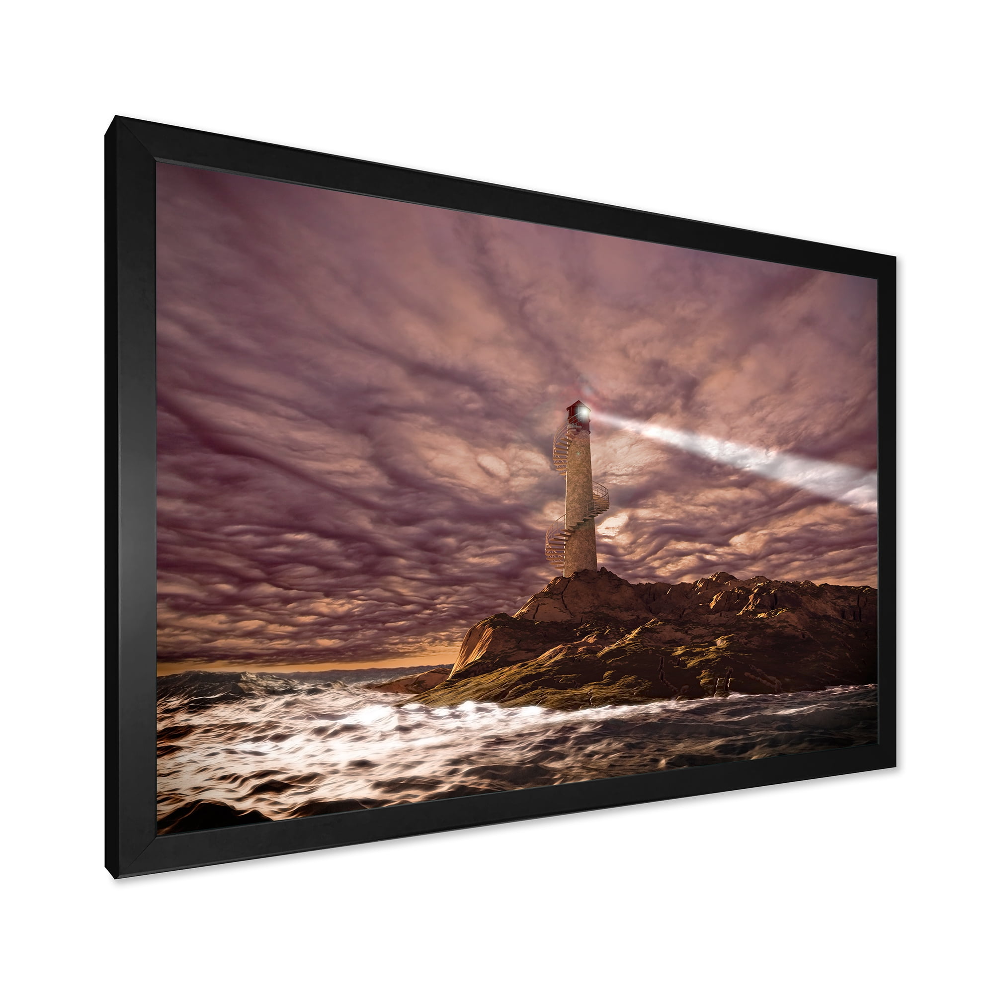 Lighthouse Shining Light During Stormy Clouds Night I 32 in x 16 in Framed Painting Canvas Art Print, by Designart