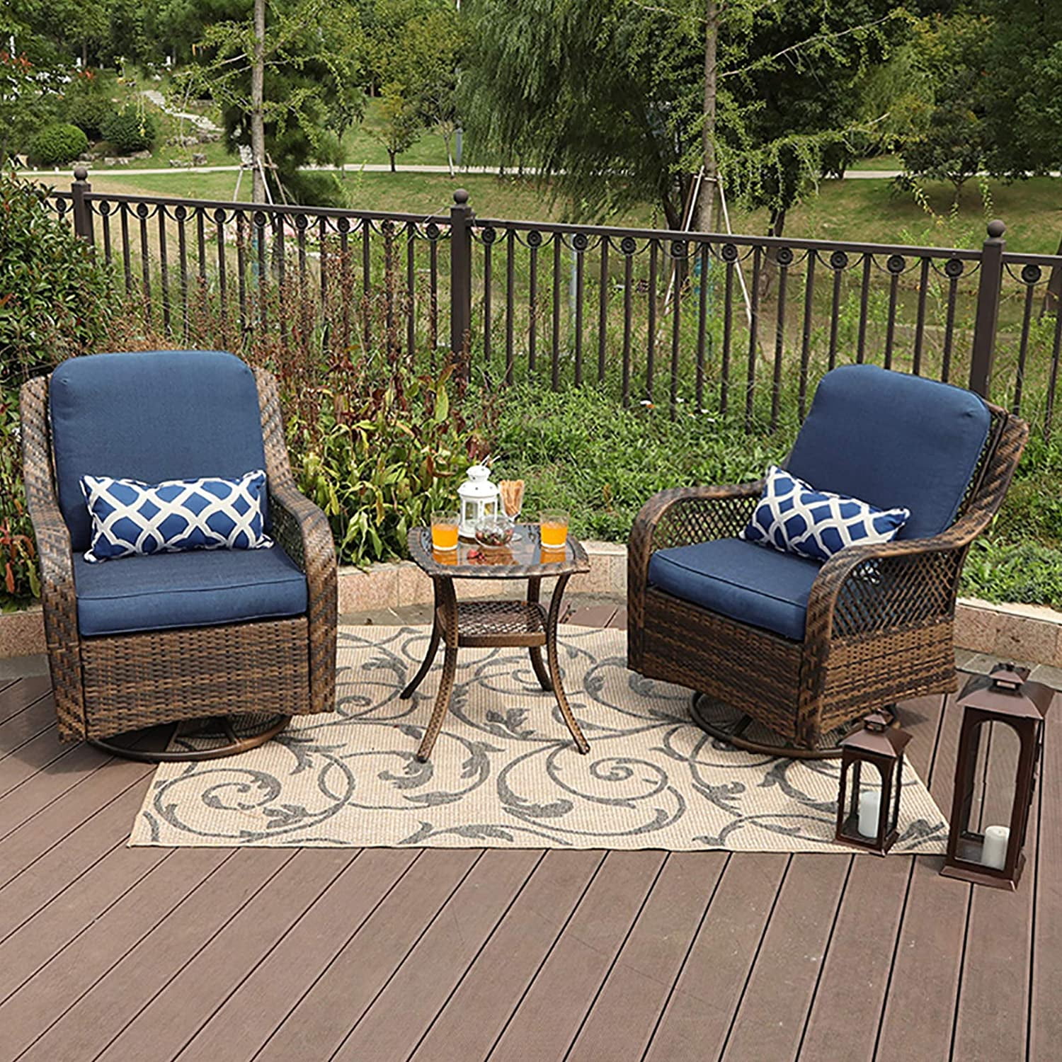 MF Studio Rattan Swivel Rocking Chairs 3 PC Patio Conversation Set