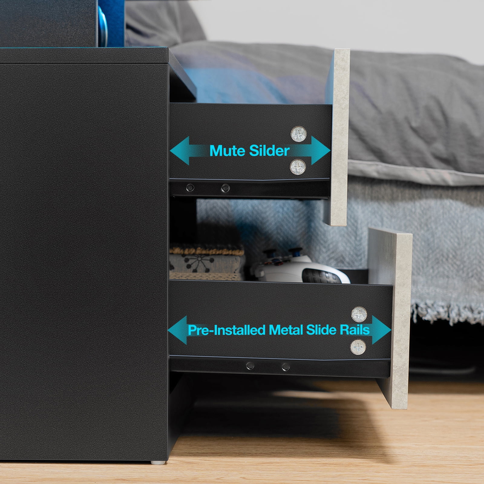 Hommpa Modern Nightstand Set of 2 LED Nightstand with 15W Wireless Charging Type C USB Port 2 Drawers Bedside Table Storage High Gloss Night Table Gray End Side Table for Bedroom Furniture 22.3" Tall