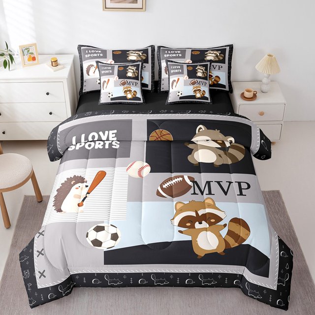 Erosebridal Raccoon Print Bedding Sets Full Size, Football Sport Comforter Sets with Sheets, Cartoon Animal Reversible Bedding Full Size, Breathable Room Decoration, 7pcs
