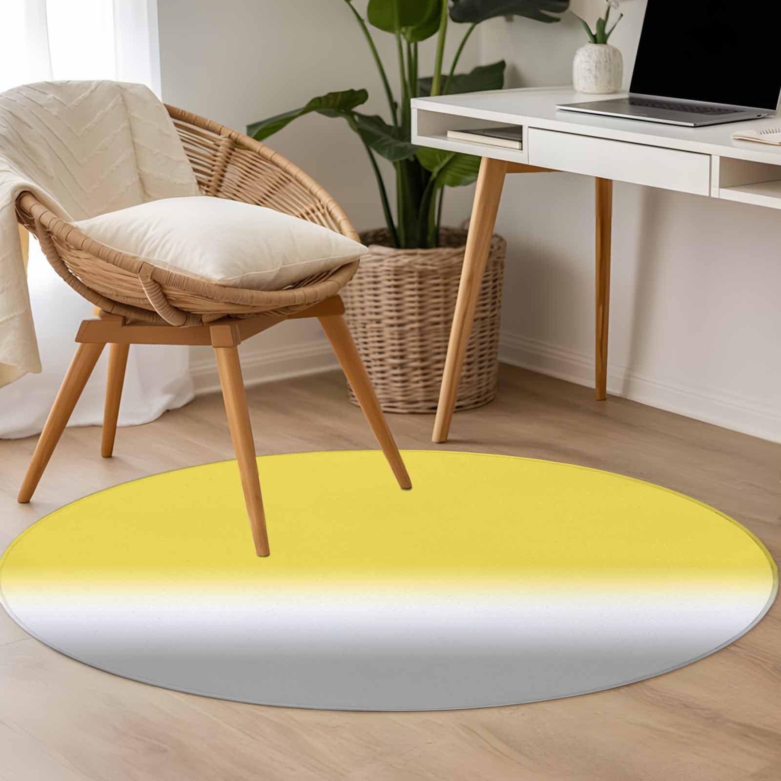 Yellow White Grey Ombre Round Area Rug 4 FT, Non Slip Indoor Outdoor Rug, Modern Abstract Aesthetics Washable Soft Circular Carpet Non-Shedding Floor Mat for Coffee Table Nursery Foyer Balcony