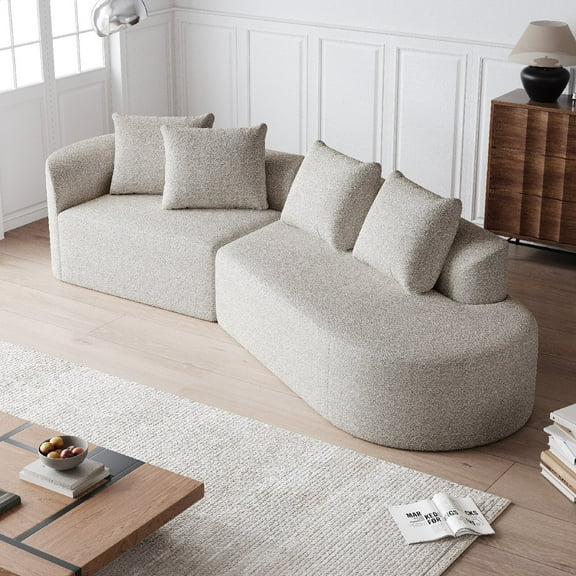 112" Modern Upholstered Oversized Sectional Sofa, Chenille 4-Seater Extra Deep and Wide Seat Curved Cloud Couch with 4 Throw Pillows, Free Combination Sofa Couch for Living Room, Apartment, Beige