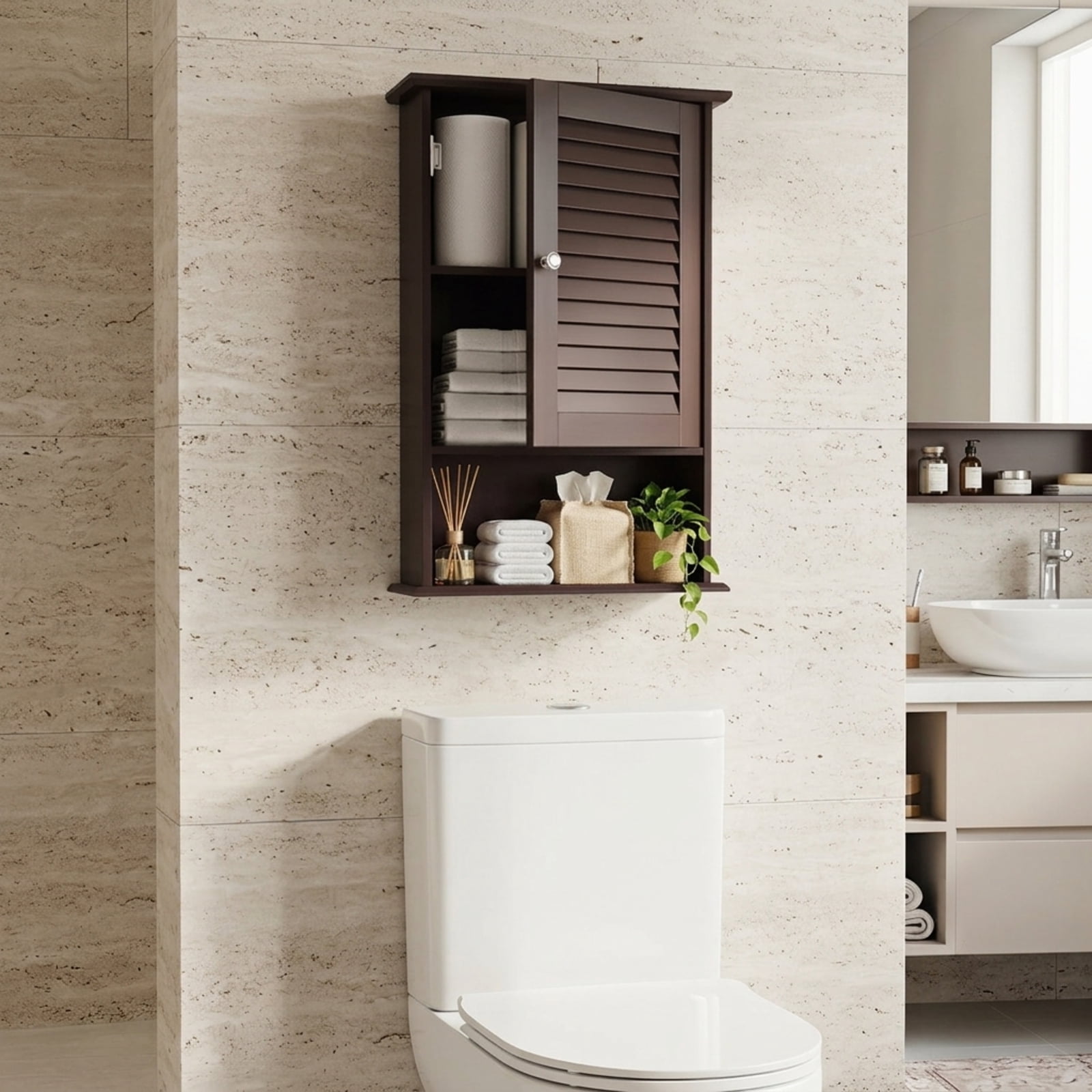 Vebreda Wall Mount Bathroom Storage Cabinet with Louvered Single Door and Adjustable Shelf for Small Bathroom Laundry Room Organizer, Brown