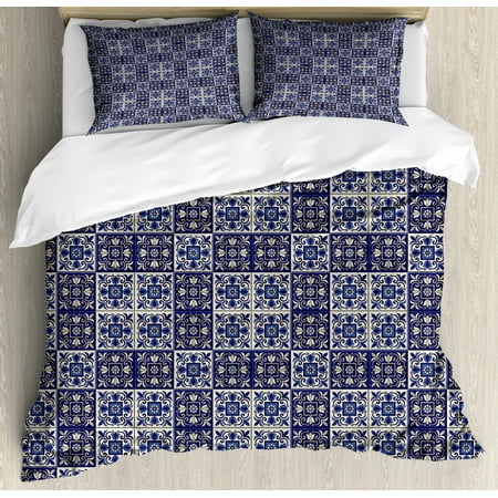 Moroccan Duvet Cover Set Squares With Portuguese Azulejo
