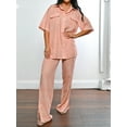 thumbnail image 5 of Rdhnmea Women Ric Rac Pattern 2 Piece Pajama Set Short Sleeve Button Down Shirt Blouse Satin Wide Leg Lounge Pants Soft Sleepwear, 5 of 9