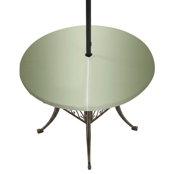 Round Outdoor Tablecloth with Umbrella Hole and Zipper, Sage Green Ombre Fitted Table Cover with Elastic Edge for 45-54 Inch, Modern Gradient Abstract Art Waterproof Patio Tablecoths for Picnic
