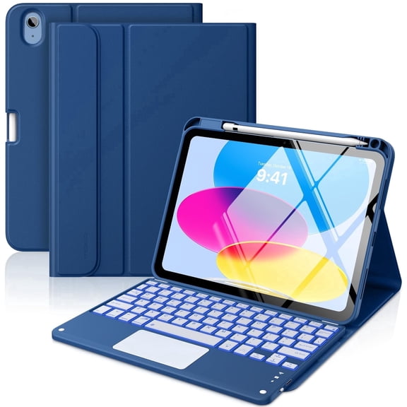 MoKo Keyboard Case for iPad A16 11th/10th Generation Case (2025/2022) with Pencil Holder,7 Colors Backlight Detachable Bluetooth Keyboard Case Cover,Navy Blue