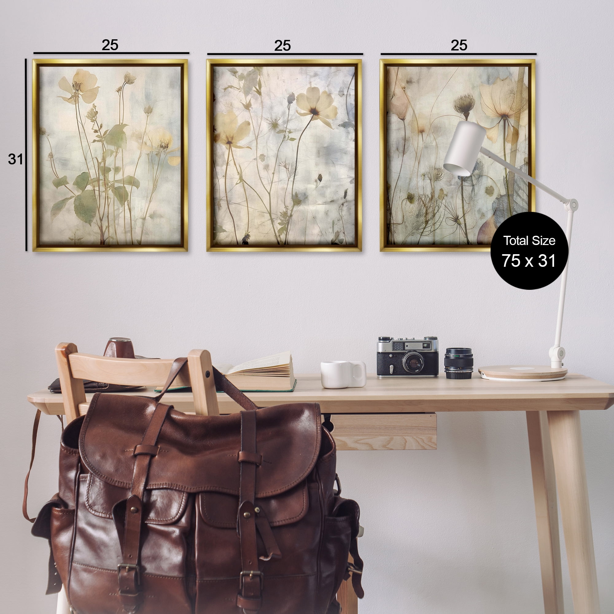 Stupell Industries Soft Blooming Botanicals Plants & Flowers Painting Gold Floater Framed Canvas Art Print Wall Art, 25 x 31, Set of 3