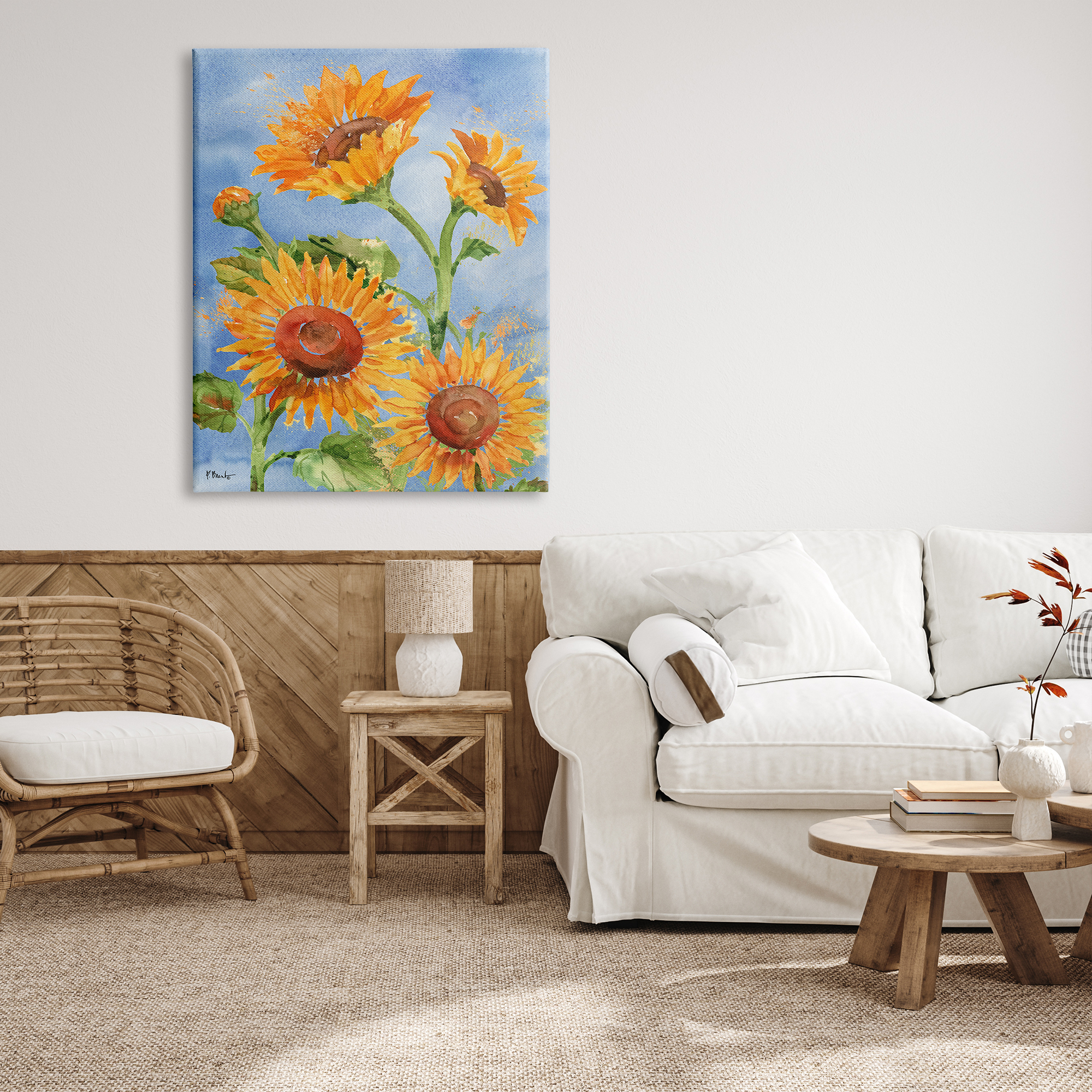 Stupell Industries Watercolor Sunflowers on Blue Botanical & Floral Painting Gallery Wrapped Canvas Print Wall Art, 36 x 48