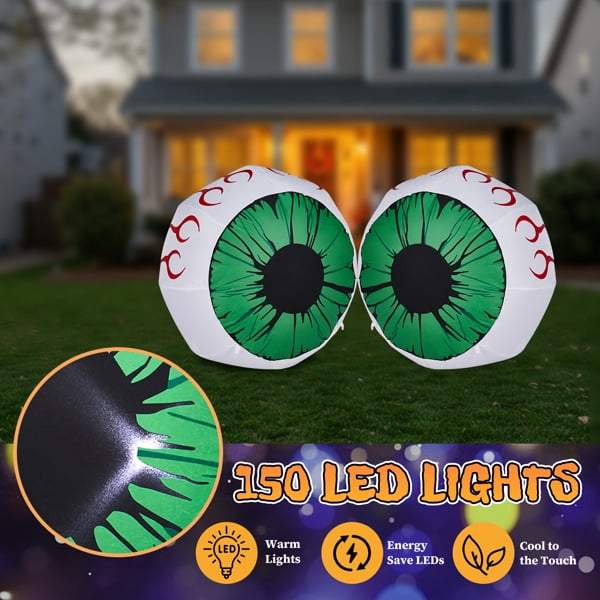 2-Pack 3FT Halloween Inflatable Light-Up Eyeballs, Weather-Resistant Polyester, Quick Inflation for Yard/Porch/Party
