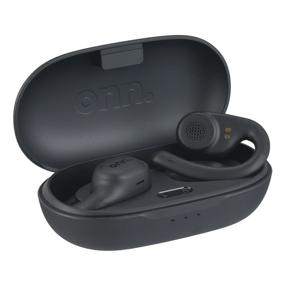onn. Over-Ear Bluetooth Wireless Open-ear Earphones with Wireless Charging Case, Black, new