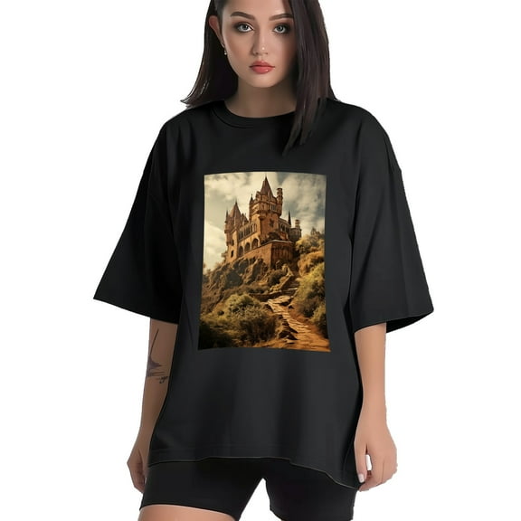 Plus Size Shirt for Women Black Tops for Women Short Sleeves Shirt for Women Castle (92） T Shirt Crewneck Shirt for Women XS