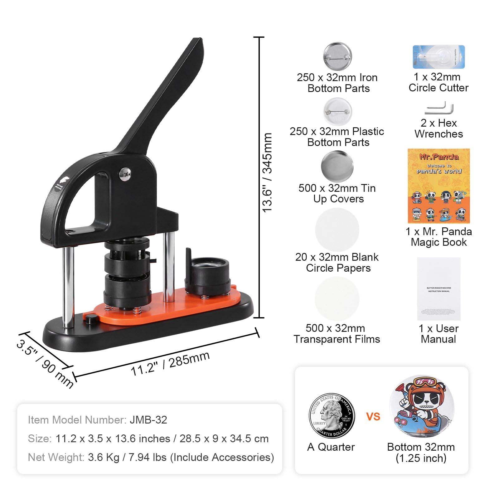 Button Maker 1.25 inch - 32mm Pin Making Kit, 500 Parts, Ergonomic Handle, DIY Badge Machine with Panda Magic Book - Gifts for Kids, Christmas Crafts