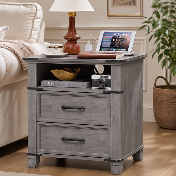 Leyaoyao Night Stand with Charging Station, Farmhouse 2 Drawers Bedside Table, End Tables with Solid Wood Foot for Living Room, Bedroom, Grey